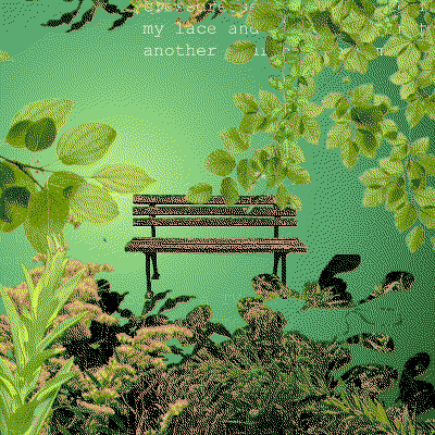a bench sitting against a green background with leaves.